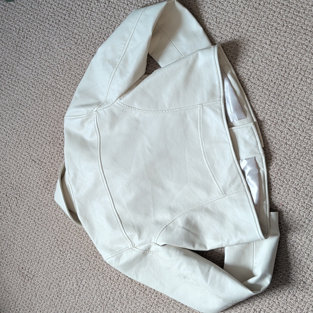ABERCROMBIE & FITCH Women's L Jacket Cream White Vegan Leather Moto Biker - Picture 8 of 11